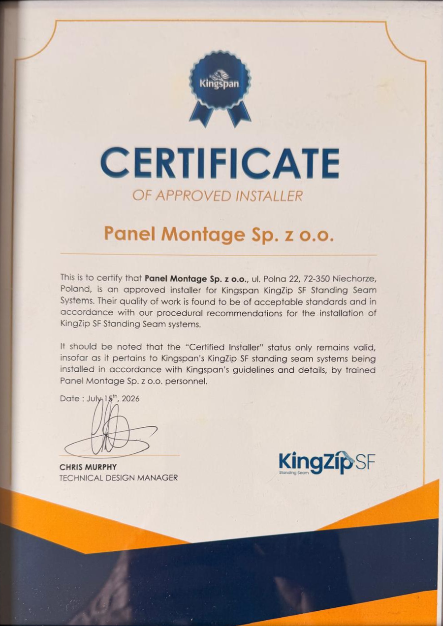 Certificat Approved Installer Kingspan KingZip SF de Panel Montage, 15 juillet 2026.